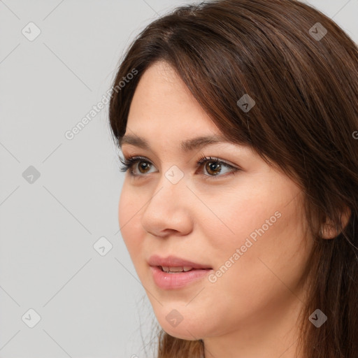 Neutral white young-adult female with medium  brown hair and brown eyes