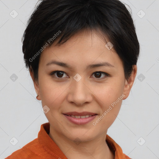 Joyful asian young-adult female with short  brown hair and brown eyes