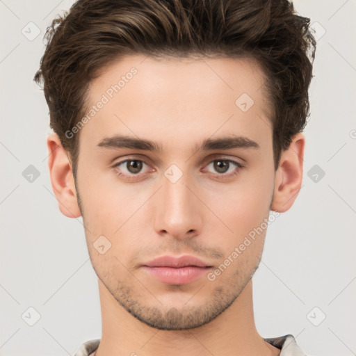 Neutral white young-adult male with short  brown hair and brown eyes