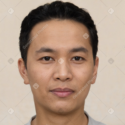 Neutral asian young-adult male with short  black hair and brown eyes