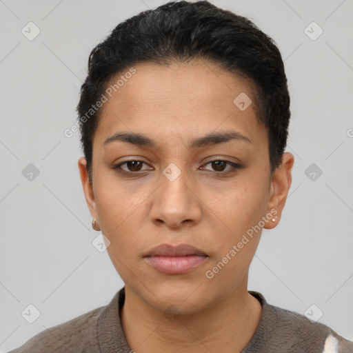 Neutral latino young-adult female with short  black hair and brown eyes