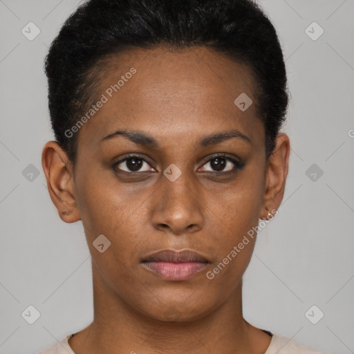 Neutral black young-adult female with short  brown hair and brown eyes