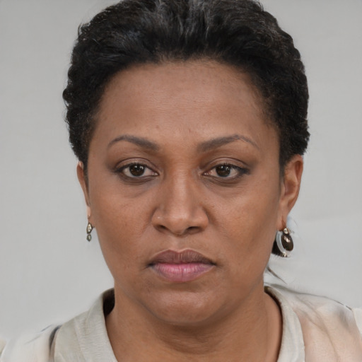 Neutral black adult female with short  brown hair and brown eyes