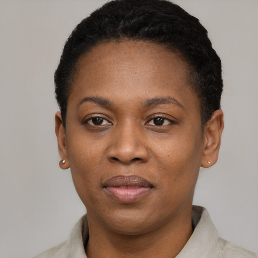 Neutral black adult female with short  black hair and brown eyes