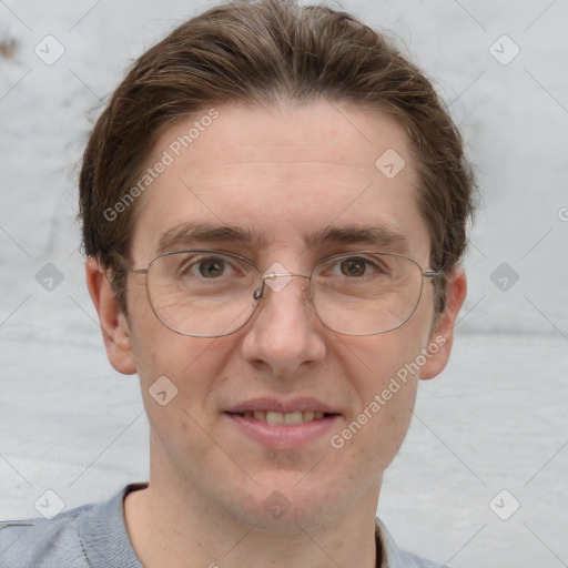 Joyful white adult male with short  brown hair and grey eyes