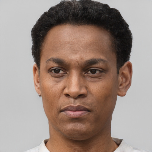 Neutral black adult male with short  black hair and brown eyes
