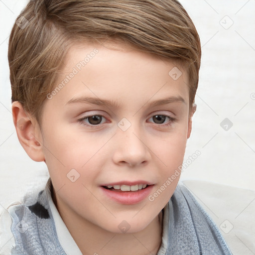 Joyful white child male with short  brown hair and brown eyes