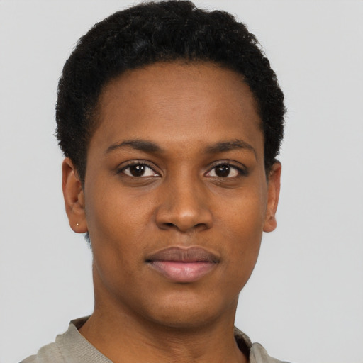 Neutral black young-adult female with short  black hair and brown eyes