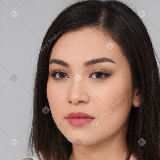 Neutral white young-adult female with long  brown hair and brown eyes