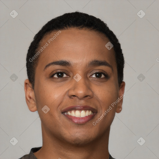 Joyful latino young-adult female with short  brown hair and brown eyes