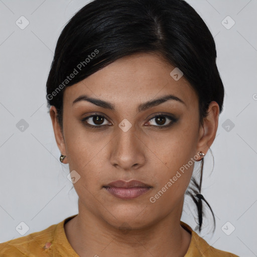 Neutral asian young-adult female with medium  brown hair and brown eyes