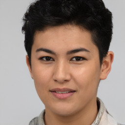 Joyful asian young-adult female with short  brown hair and brown eyes