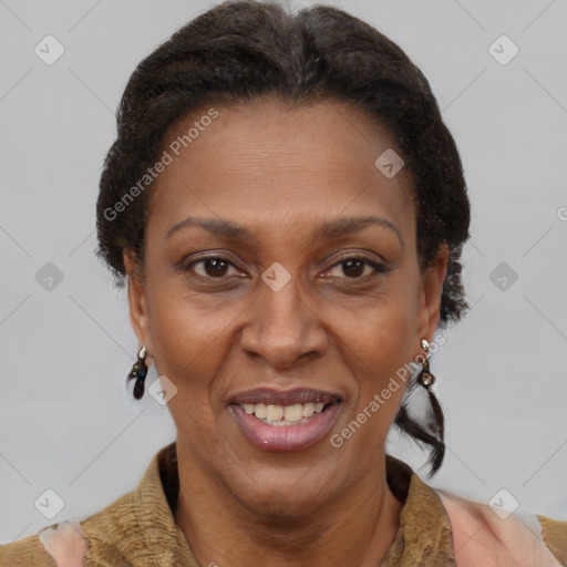 Joyful black adult female with short  brown hair and brown eyes