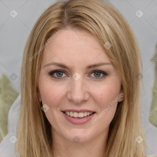 Joyful white young-adult female with long  brown hair and green eyes