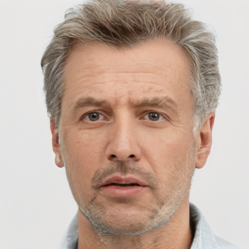 Neutral white adult male with short  brown hair and grey eyes