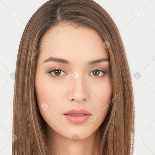 Neutral white young-adult female with long  brown hair and brown eyes