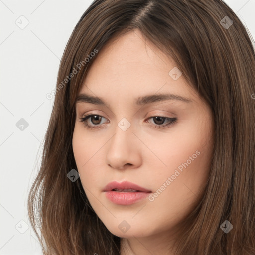 Neutral white young-adult female with long  brown hair and brown eyes