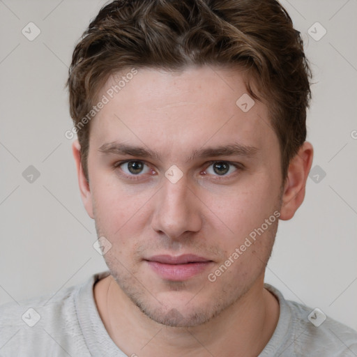 Neutral white young-adult male with short  brown hair and grey eyes