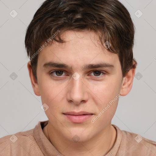 Neutral white young-adult male with short  brown hair and brown eyes