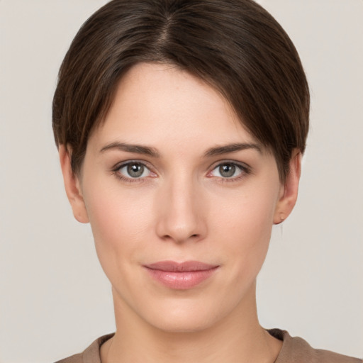 Neutral white young-adult female with short  brown hair and brown eyes