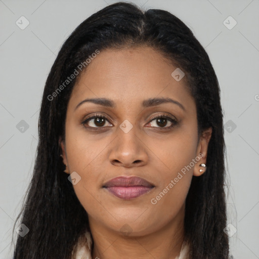 Joyful latino young-adult female with long  brown hair and brown eyes