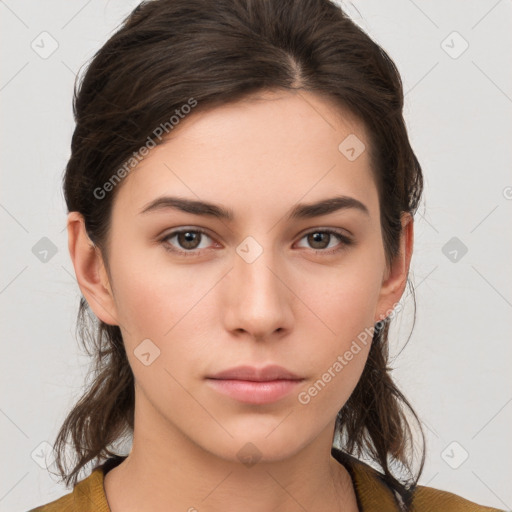 Neutral white young-adult female with medium  brown hair and brown eyes