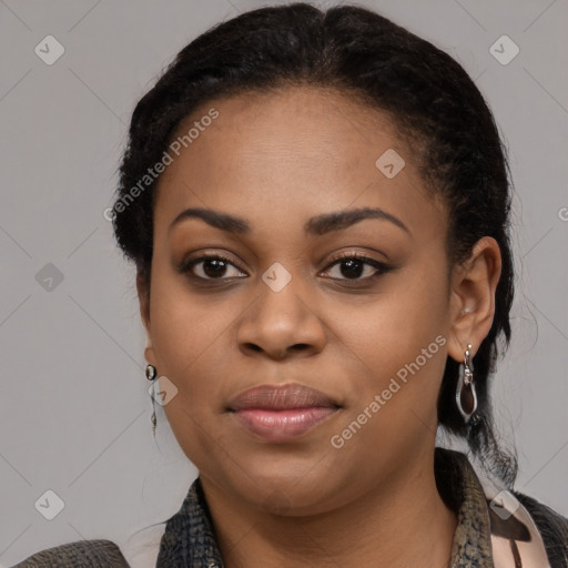 Joyful black young-adult female with medium  black hair and brown eyes