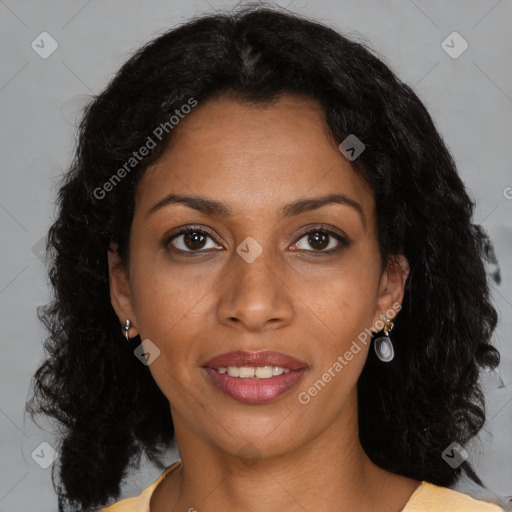 Joyful black young-adult female with medium  brown hair and brown eyes