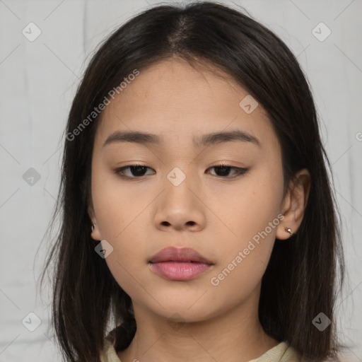 Neutral asian young-adult female with long  brown hair and brown eyes