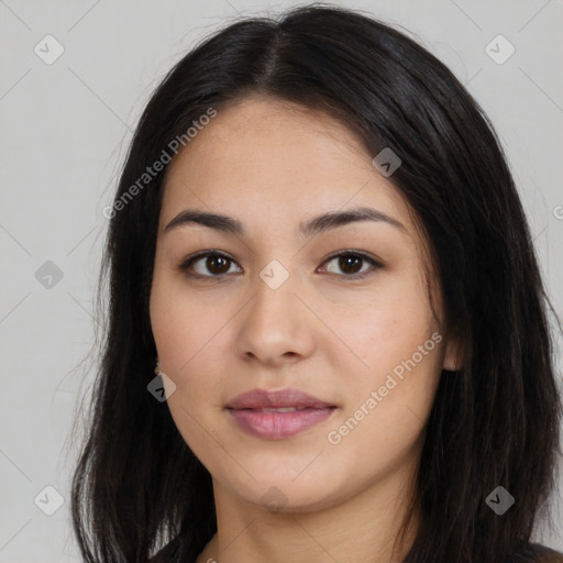 Joyful asian young-adult female with long  brown hair and brown eyes