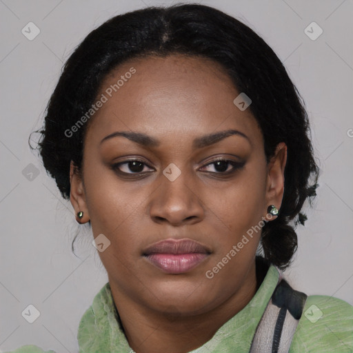 Joyful black young-adult female with medium  brown hair and brown eyes