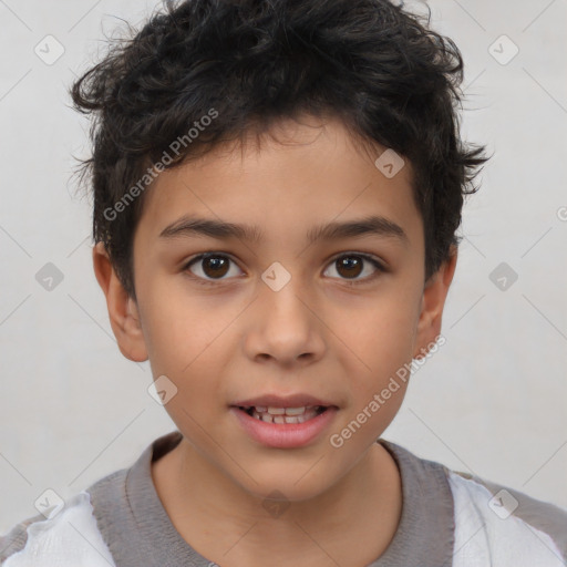 Joyful white child male with short  brown hair and brown eyes