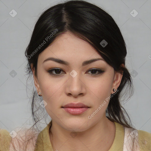 Joyful asian young-adult female with medium  black hair and brown eyes