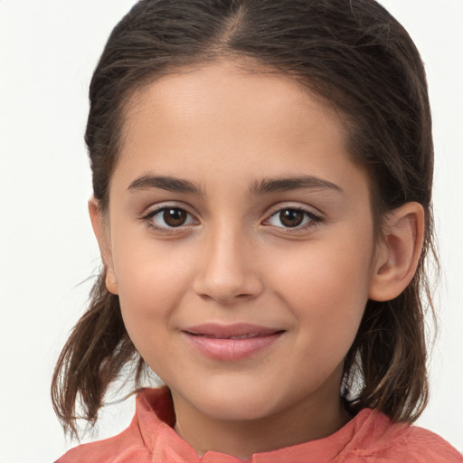 Joyful white child female with medium  brown hair and brown eyes