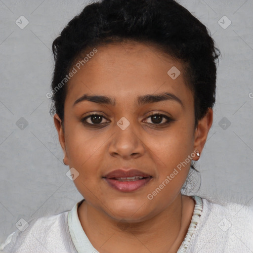 Joyful latino young-adult female with short  brown hair and brown eyes