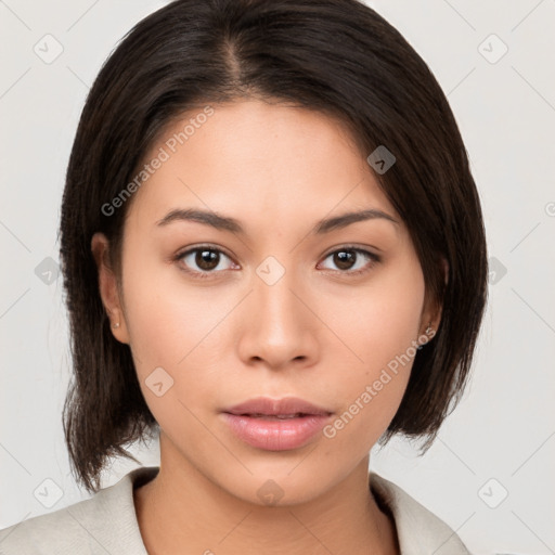 Neutral white young-adult female with medium  brown hair and brown eyes