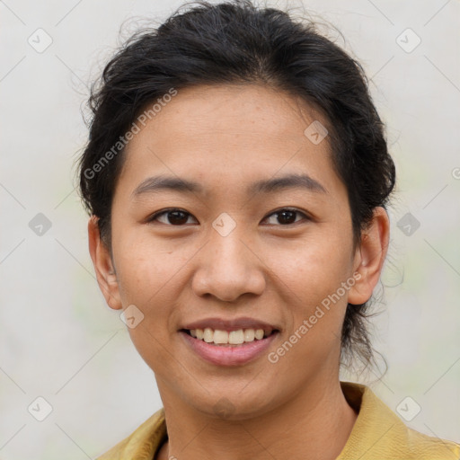 Joyful asian young-adult female with short  brown hair and brown eyes