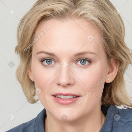 Joyful white young-adult female with medium  brown hair and blue eyes