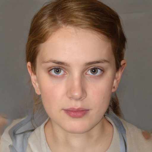 Neutral white young-adult female with medium  brown hair and blue eyes