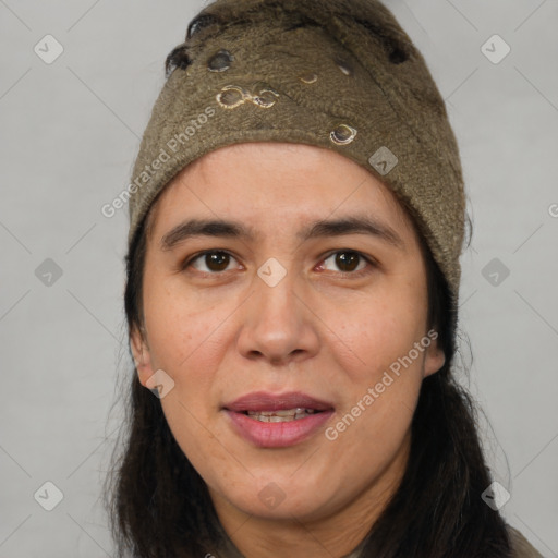 Joyful white young-adult female with long  brown hair and brown eyes