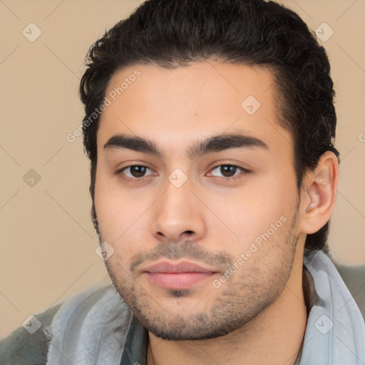 Neutral white young-adult male with short  brown hair and brown eyes