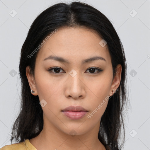 Neutral asian young-adult female with medium  brown hair and brown eyes