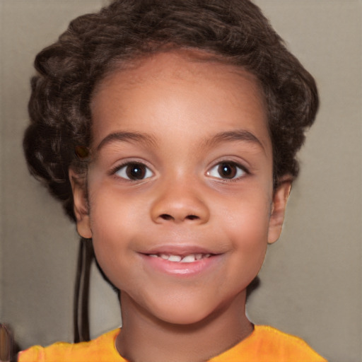 Joyful white child female with short  brown hair and brown eyes