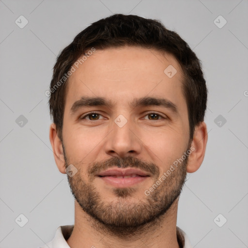 Neutral white young-adult male with short  brown hair and brown eyes