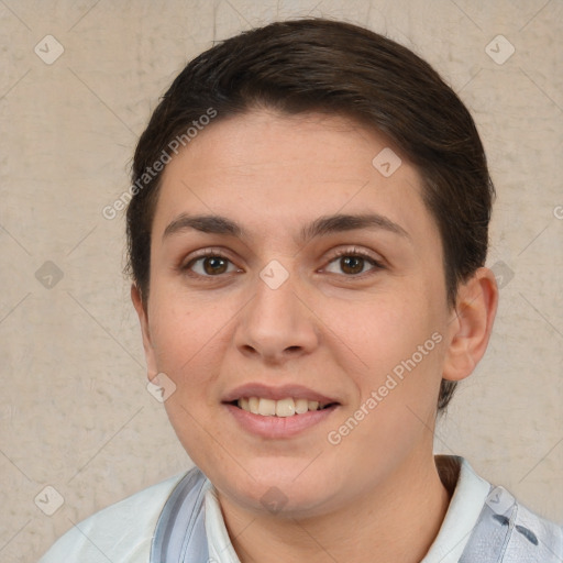 Joyful white young-adult female with short  brown hair and brown eyes