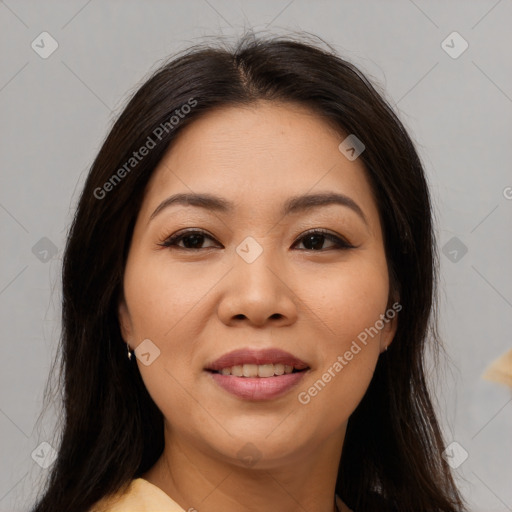 Joyful asian young-adult female with medium  brown hair and brown eyes