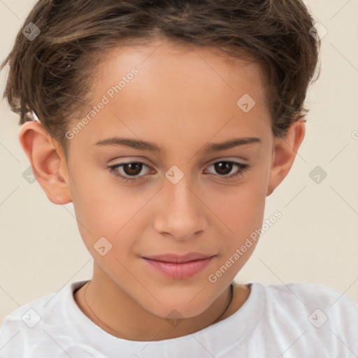 Joyful white child female with short  brown hair and brown eyes