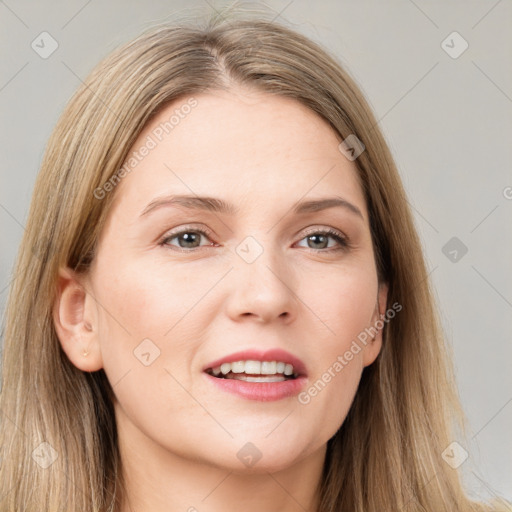 Joyful white young-adult female with long  brown hair and grey eyes