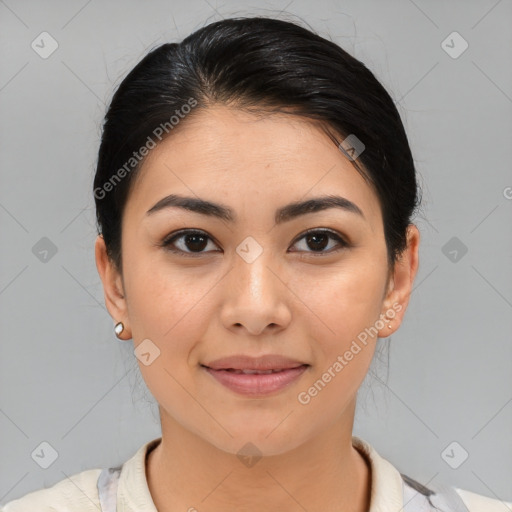 Joyful asian young-adult female with medium  brown hair and brown eyes