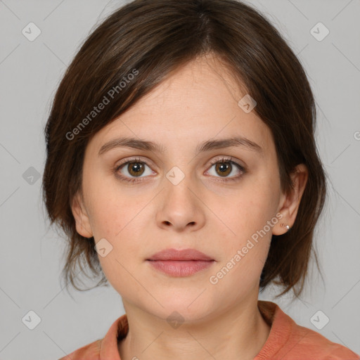 Neutral white young-adult female with medium  brown hair and brown eyes